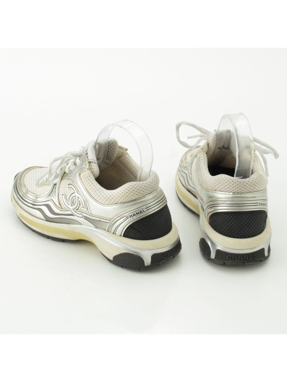 Chanel Mesh CC Logo Sneakers Low Cut Silver White - Picture 4 of 10